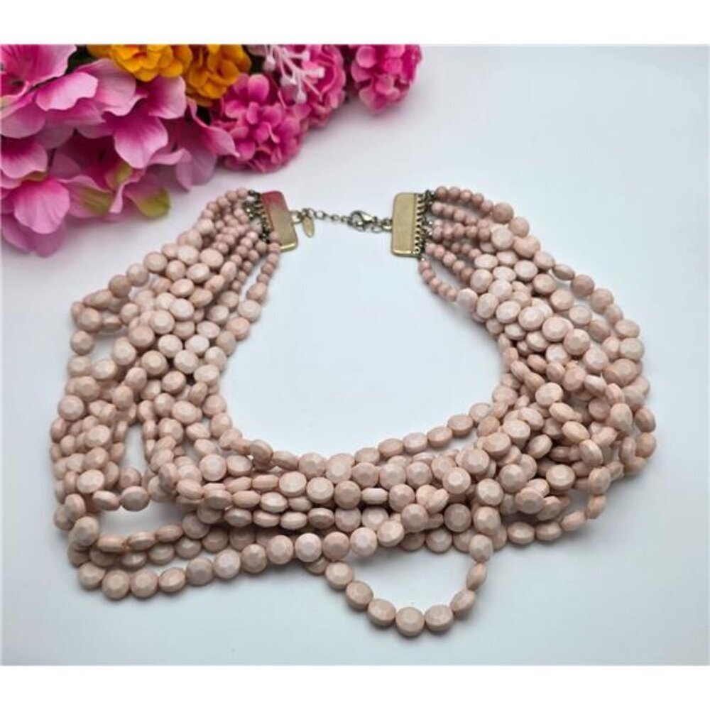Natasha 10 Strand Pink Peachy Lucite Necklace Gold Tone 22" Vintage Statement